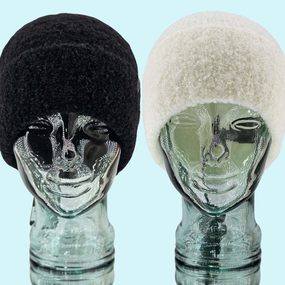 BUNDLE - 2 All Saints Hats Beanies Chalk & Black Teddy Bear Wool & Alpaca Blend
